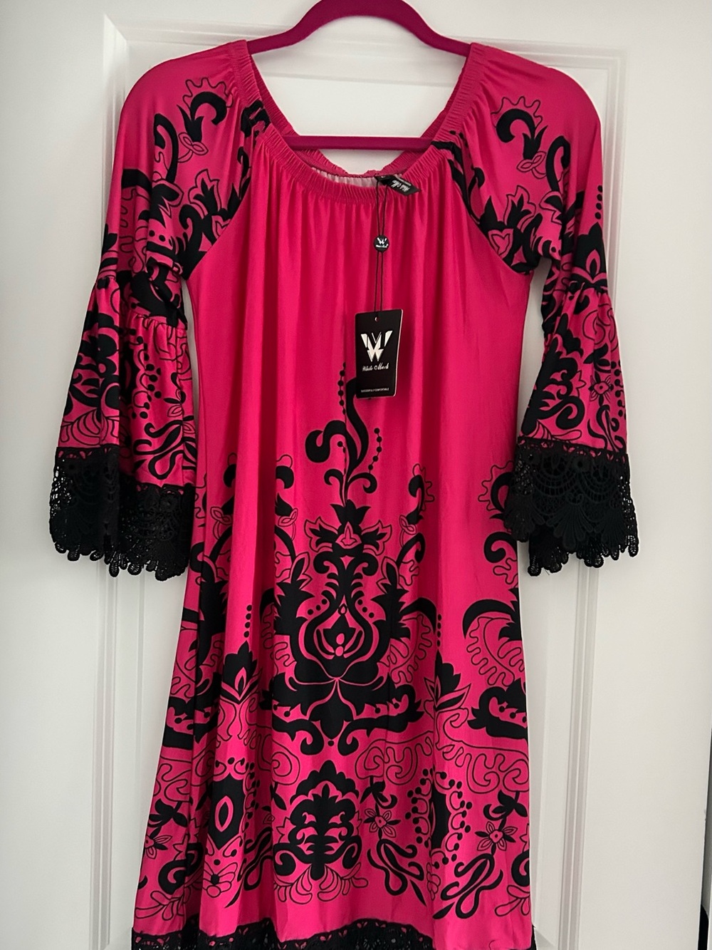 Bright Pink Black Print Bell Sleeve Dress - W by White House